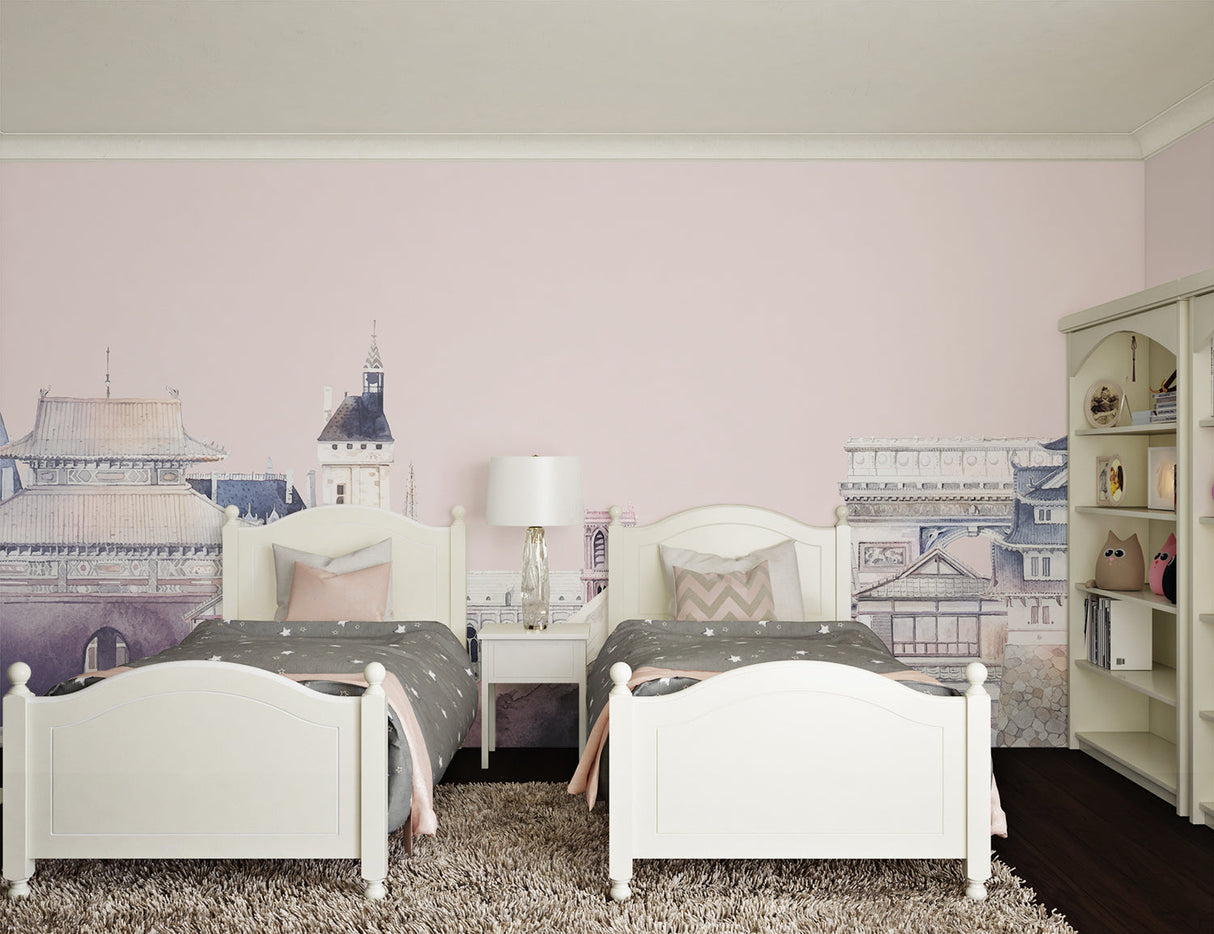 Traditional Japanese temple mural in home office with wooden furniture