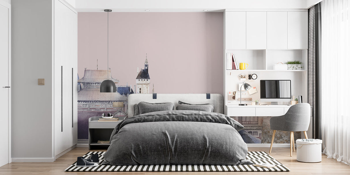 Mount Fuji and pagoda wallpaper in master bedroom with minimal decor