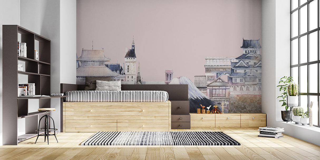 Japanese architectural mural bringing serenity to reading nook space