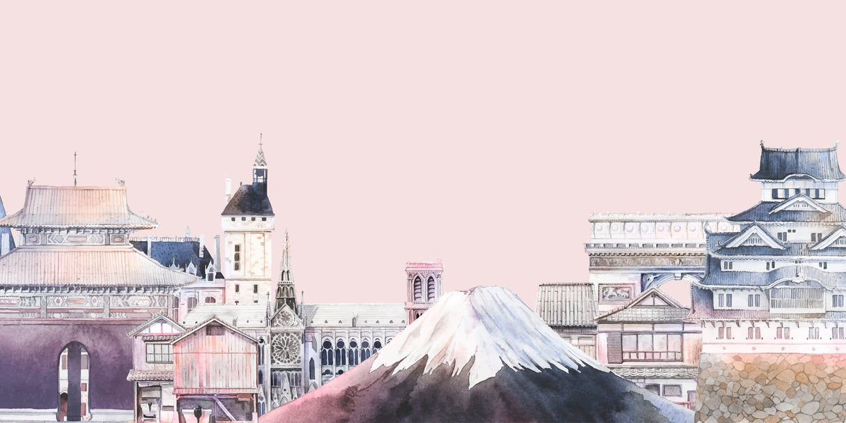 Japanese temple and Mount Fuji design file with soft pink sky and watercolor details