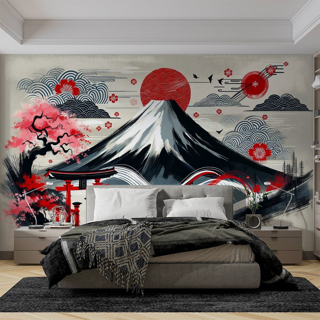 Japanese Mount Fuji wall mural creating dramatic impact in modern living room with black furniture and minimalist decor