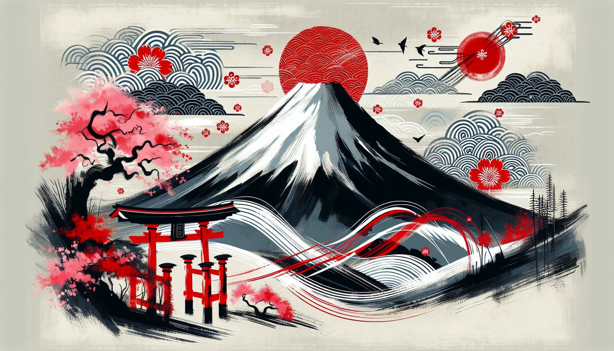 Mount Fuji Cherry Blossom design file showing detailed pattern with red sun and black wave elements