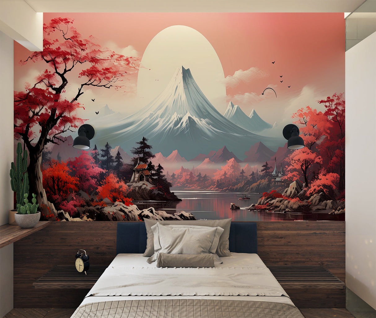 Japanese Mount Fuji wallpaper in modern living room, cherry blossoms frame the peaceful landscape
