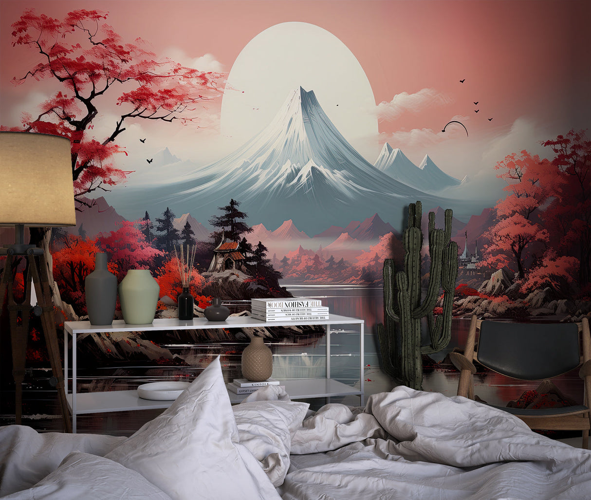 Mount Fuji cherry blossom mural creating zen atmosphere in meditation room