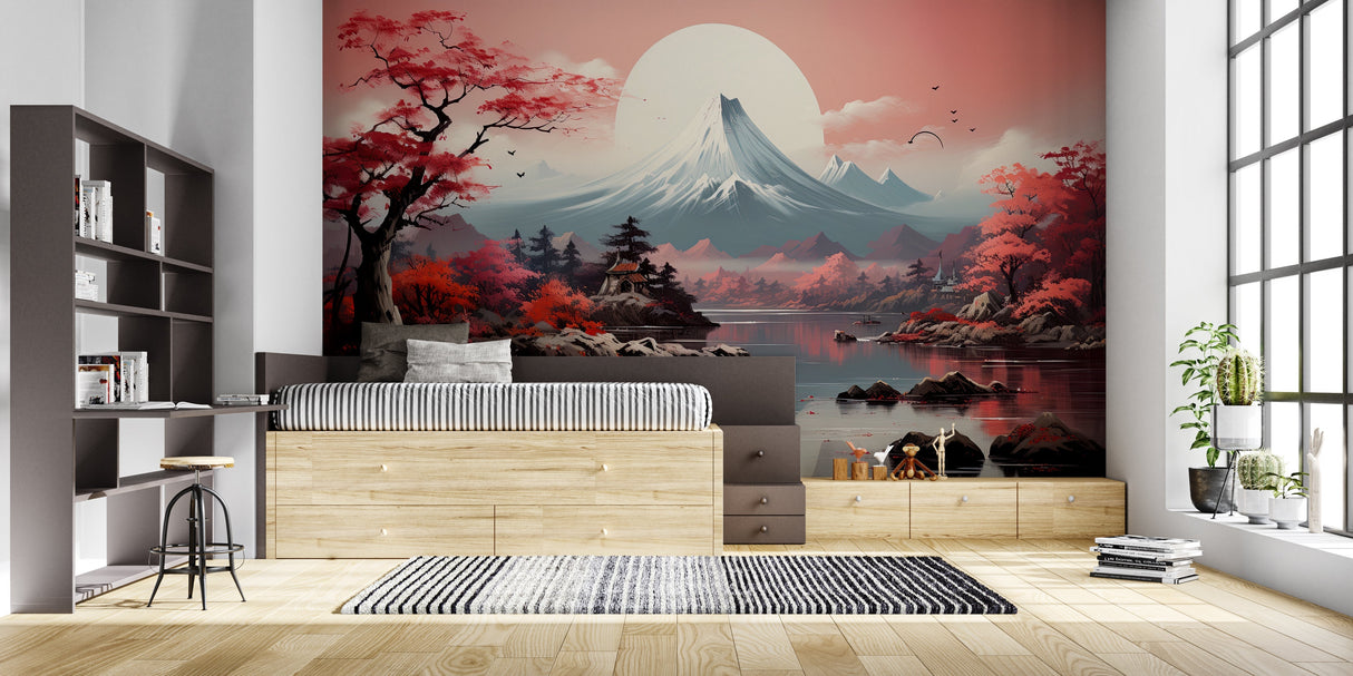 Japanese landscape wallpaper bringing serenity to master bedroom