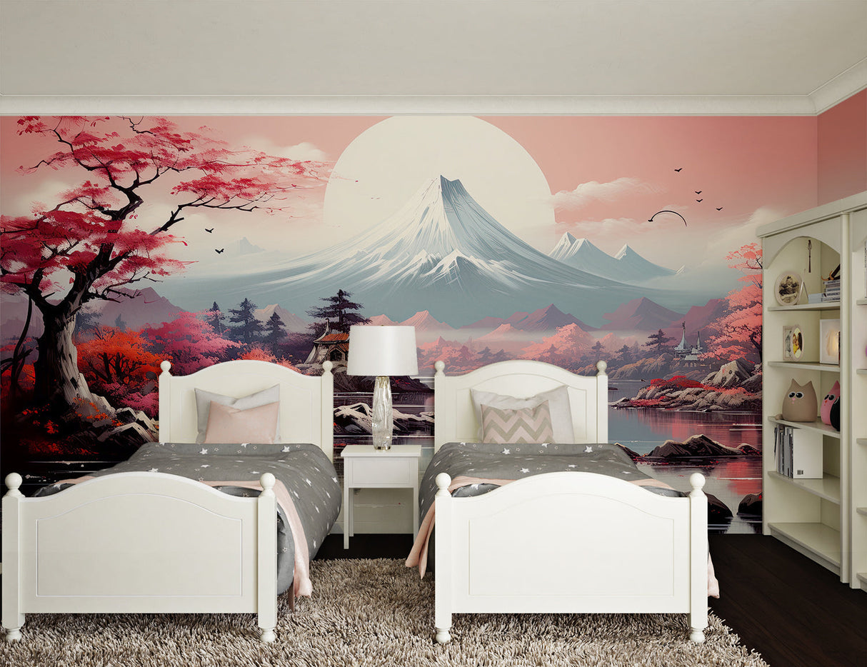 Cherry blossom Mount Fuji mural in minimalist dining room setting
