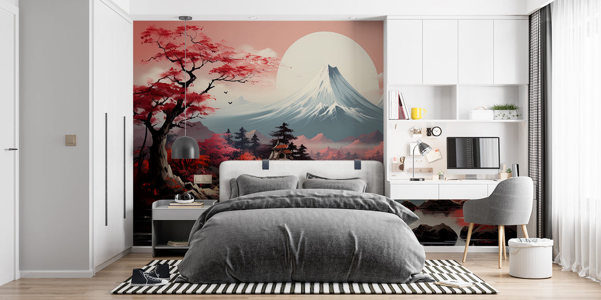 Japanese wall mural transforming home office with Mount Fuji view