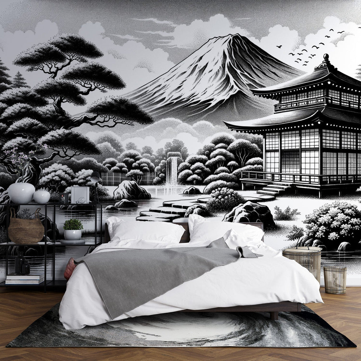 Japanese Mount Fuji wallpaper creating a striking focal point in a minimal modern living room with clean lines and natural light
