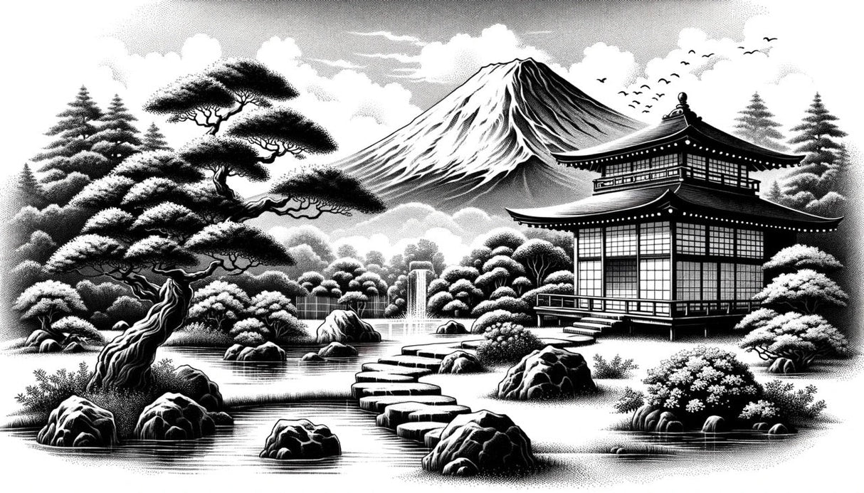 Mount Fuji temple monochrome design file showing detailed ink art pattern and precise line work