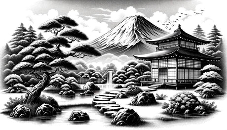 Mount Fuji temple monochrome design file showing detailed ink art pattern and precise line work