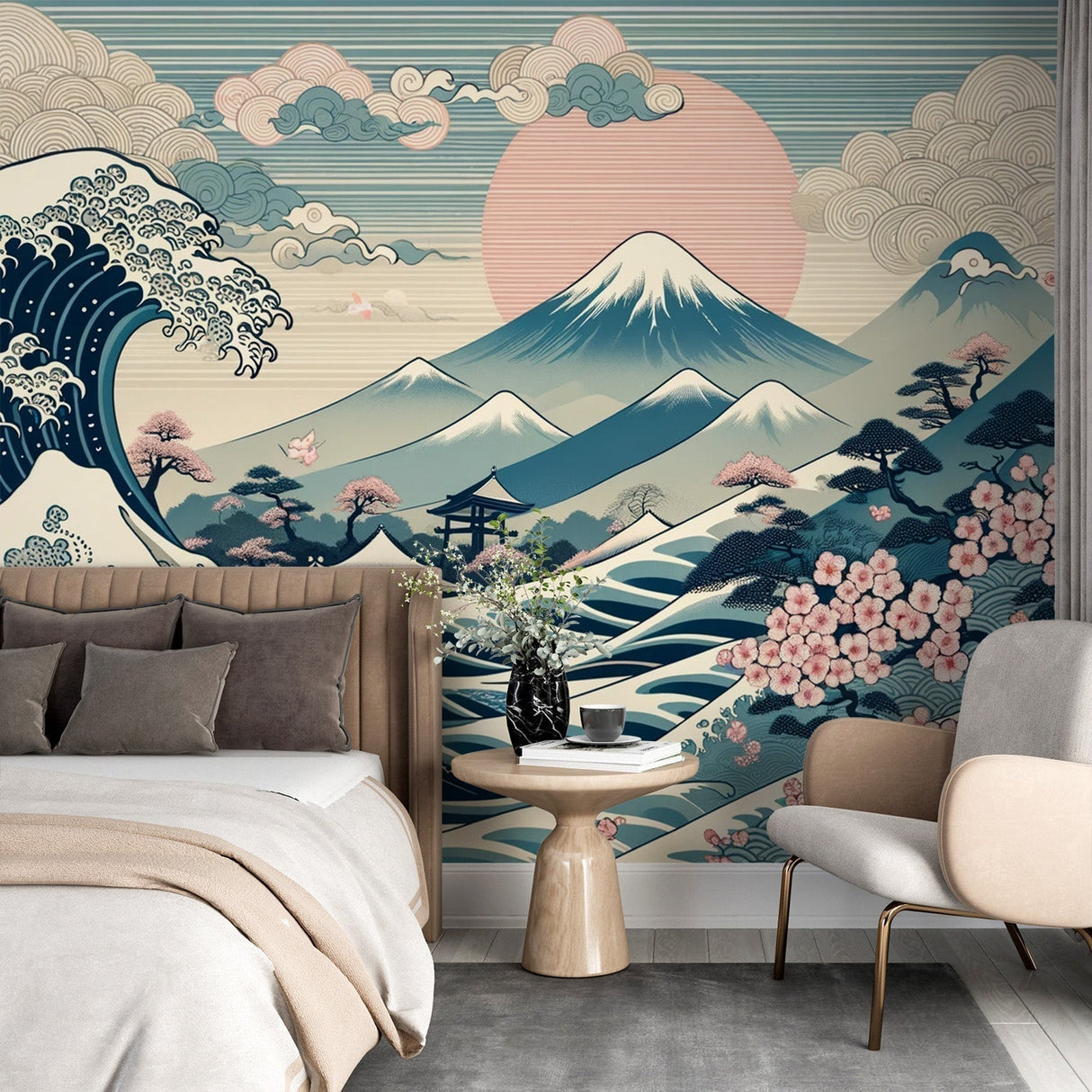 Japanese Mount Fuji wallpaper with cherry blossoms creating a peaceful atmosphere in a modern living room