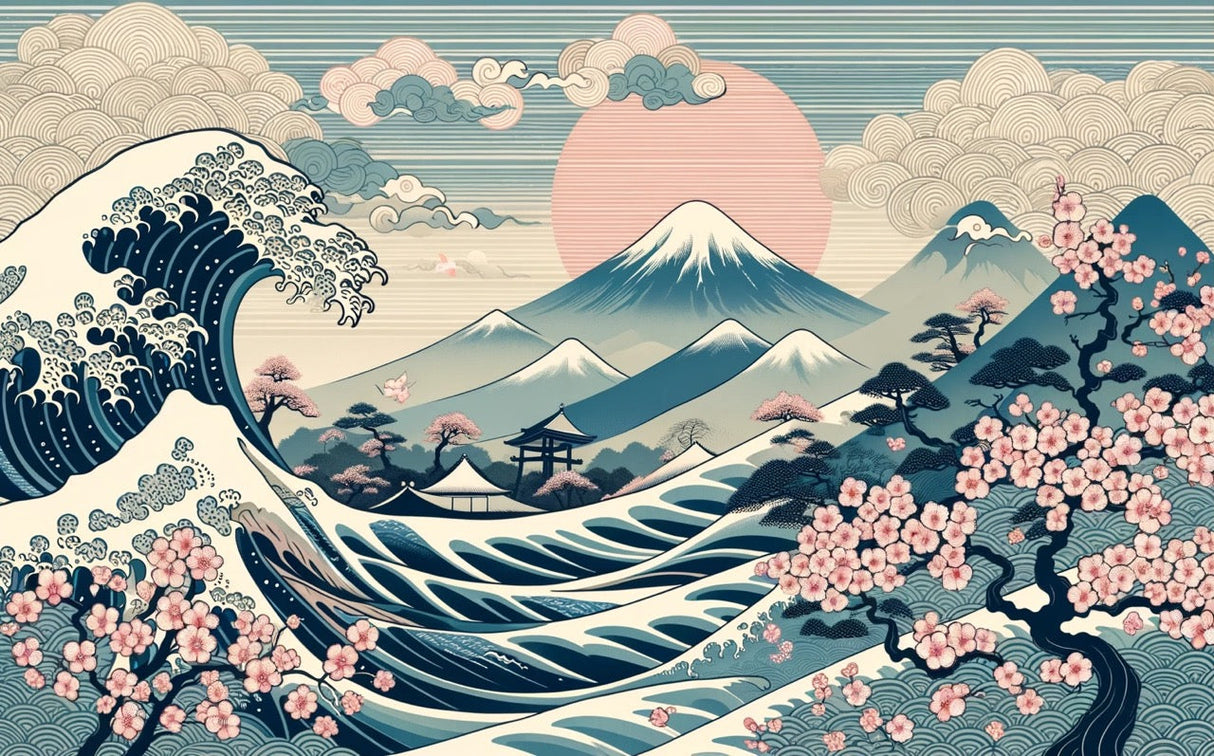 Mount Fuji and Great Wave design file showing detailed cherry blossoms and traditional Japanese art elements