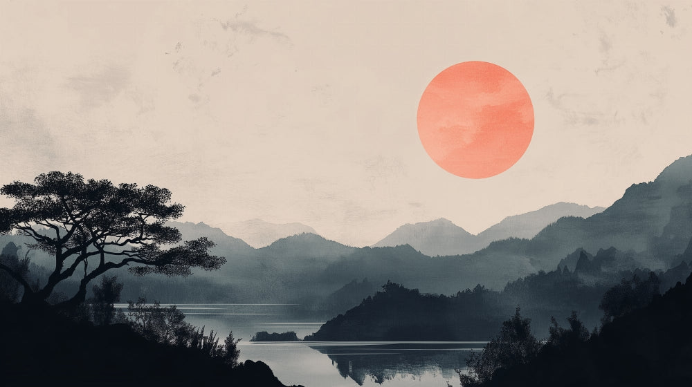 Japanese mountain landscape design file showing detailed red sun and misty mountains pattern