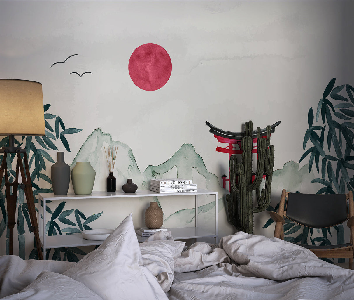 Japanese mountain wallpaper in modern living room, red sun mural creating peaceful atmosphere