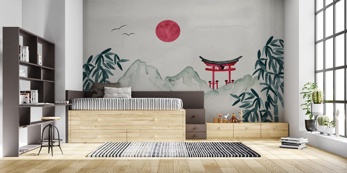 Zen bedroom with Japanese landscape mural, mountain and red sun design
