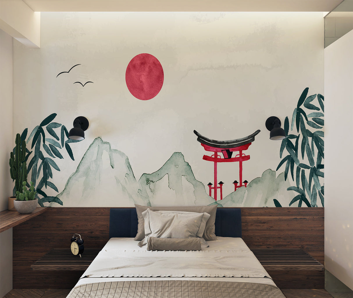Oriental dining room featuring mountain landscape wallpaper with red sun