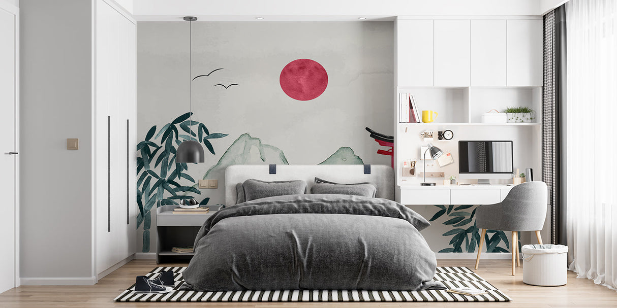 Meditation space with Japanese mountain mural, showing scale and ambiance