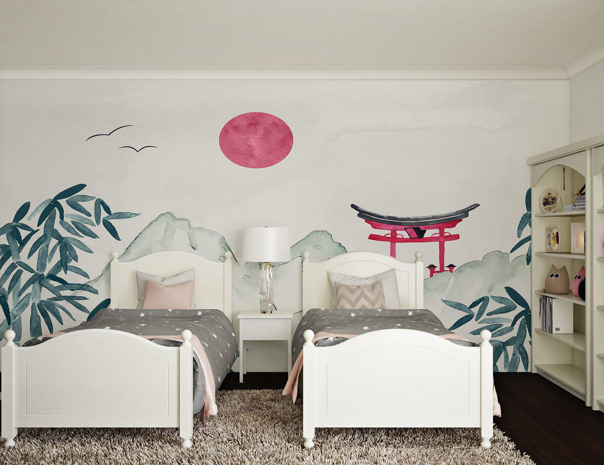 Home office with Japanese landscape wall mural, mountain and sun detail