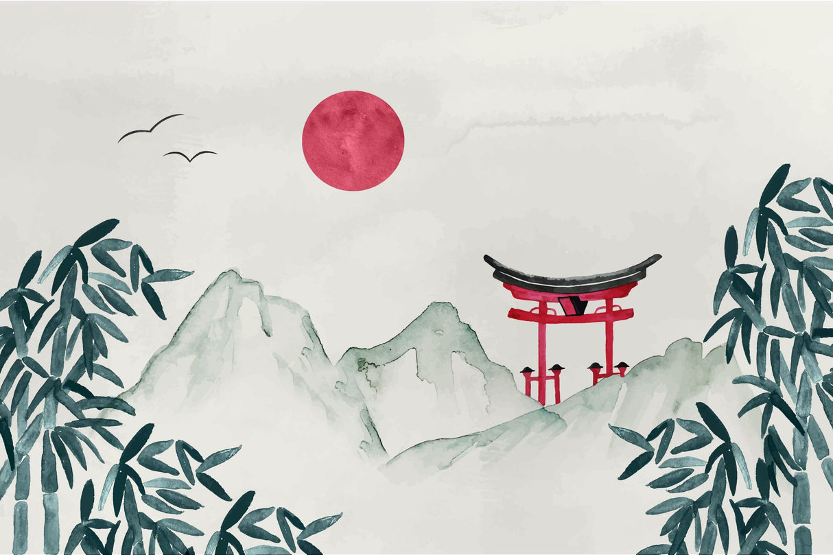 Japanese mountain landscape design file with red sun, showing complete pattern