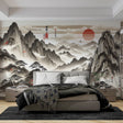 Japanese mountain wallpaper creating a zen atmosphere in a minimalist living room with natural light
