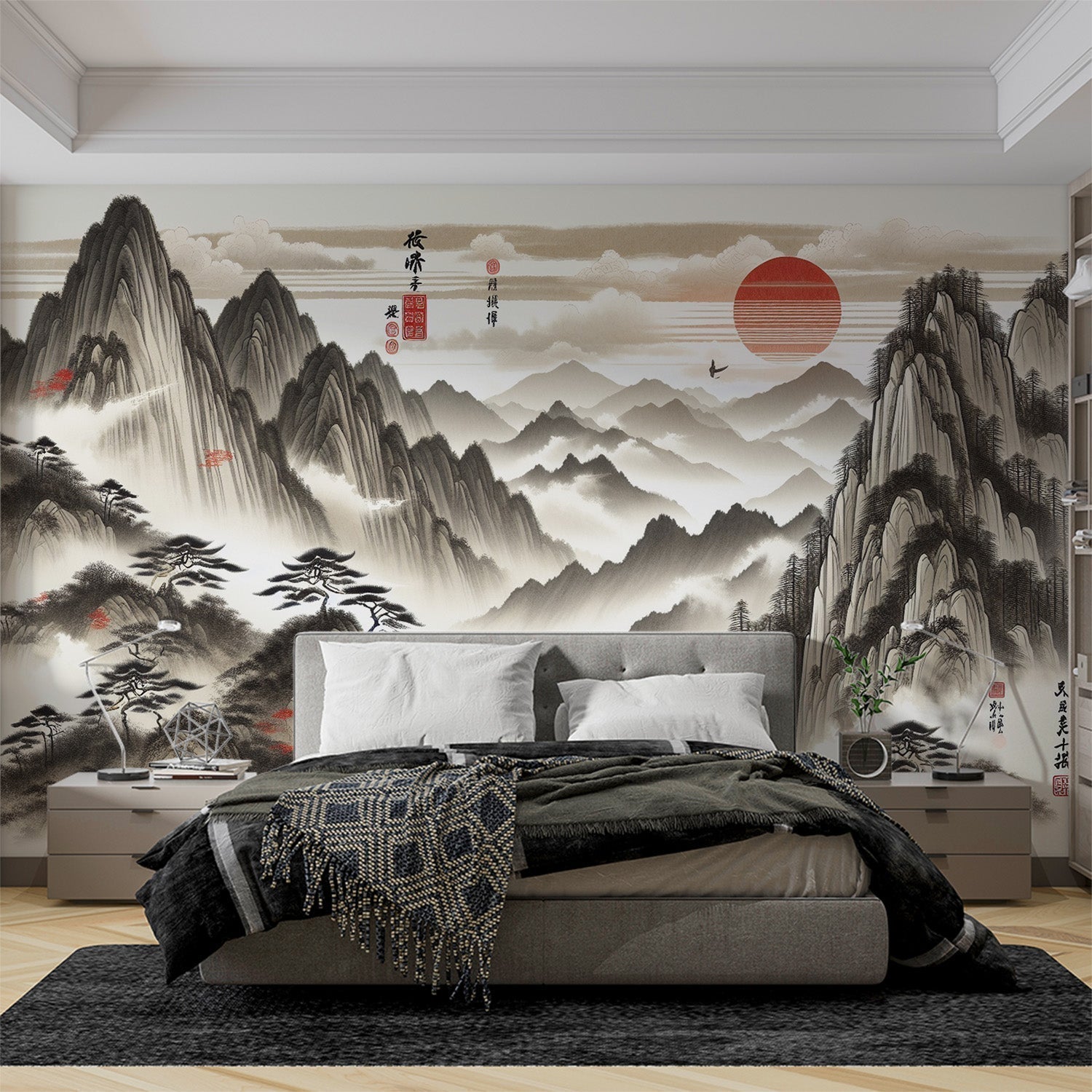 Japanese mountain wallpaper creating a zen atmosphere in a minimalist living room with natural light