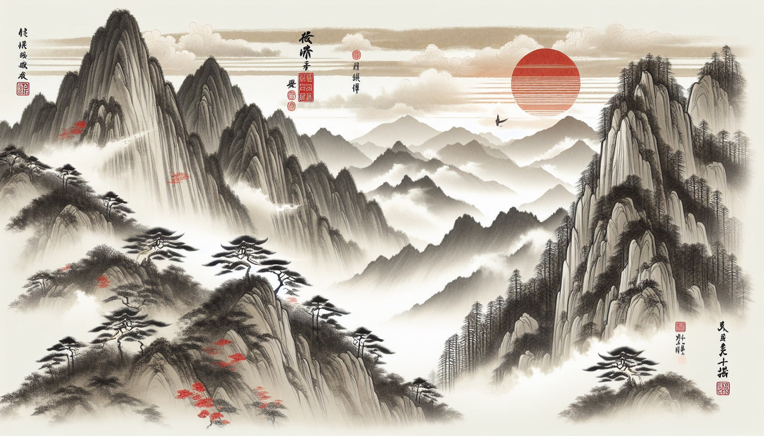Japanese mountain landscape design file with red sun and misty peaks