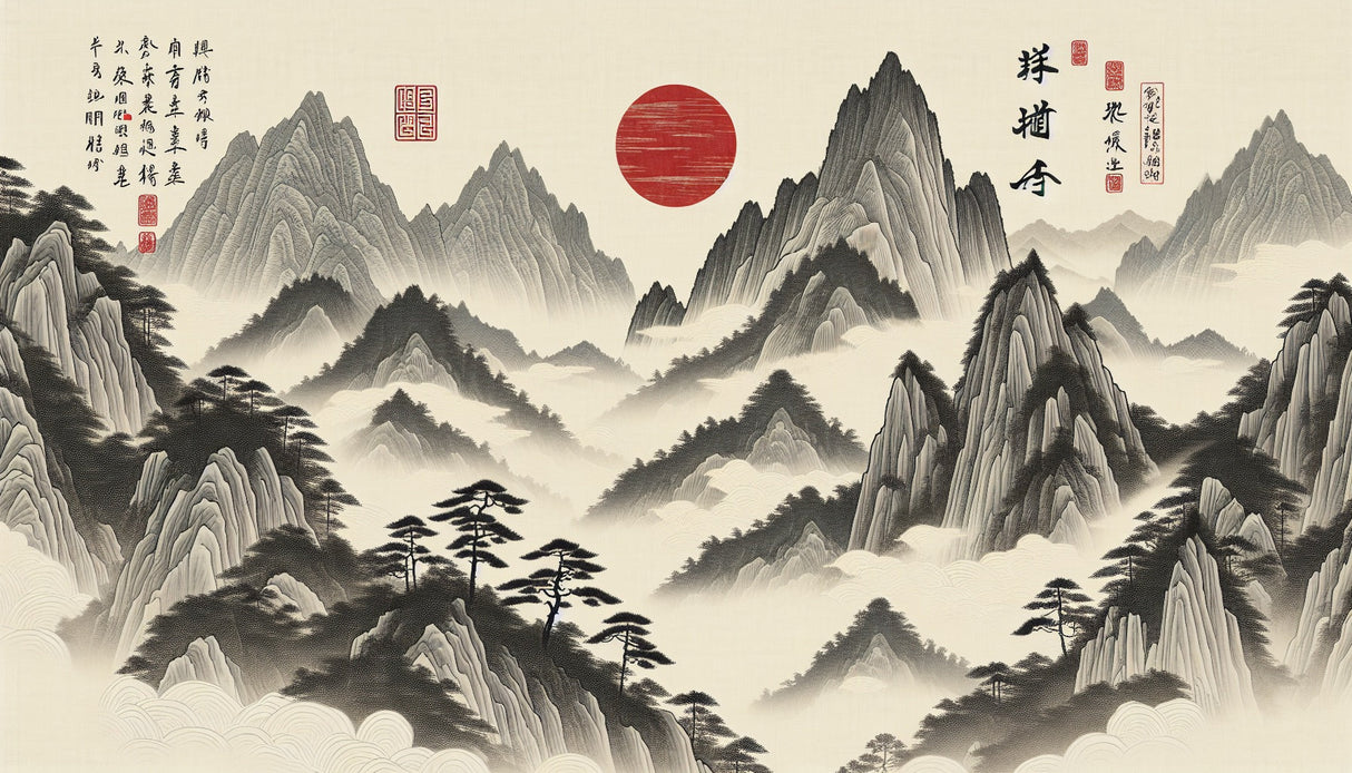 Japanese mountain landscape design file showing detailed misty peaks and striking red sun pattern