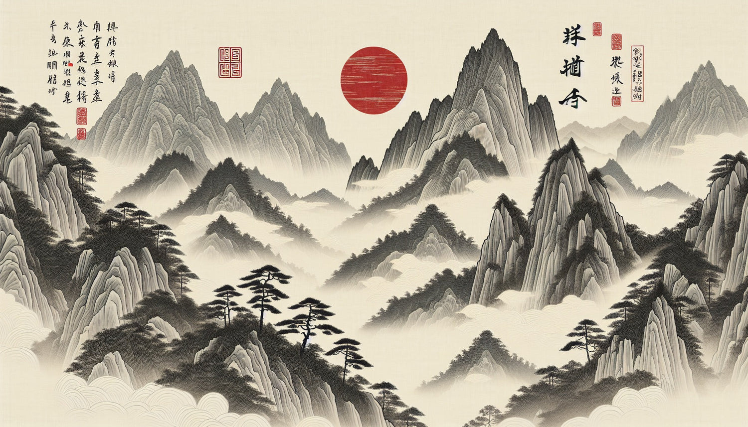 Japanese mountain landscape design file showing detailed misty peaks and striking red sun pattern