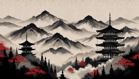 Japanese mountain and pagoda ink art design file showing intricate details and red maple accents