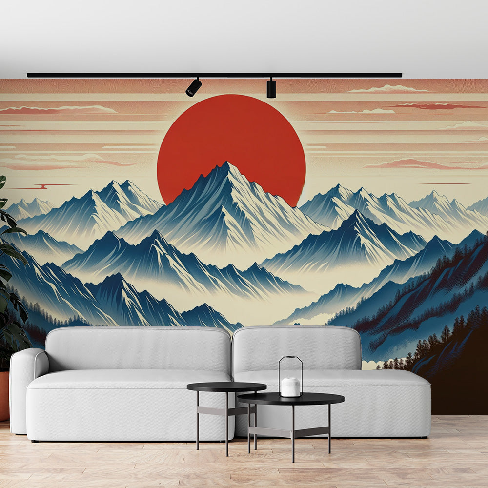 Japanese mountain wallpaper with red sun creating a peaceful atmosphere in a modern living room, perfect for meditation