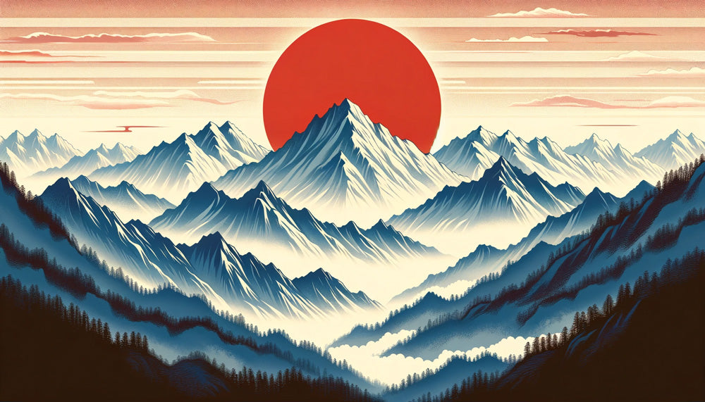 Japanese mountain range design file showing detailed peaks and dramatic red sun pattern