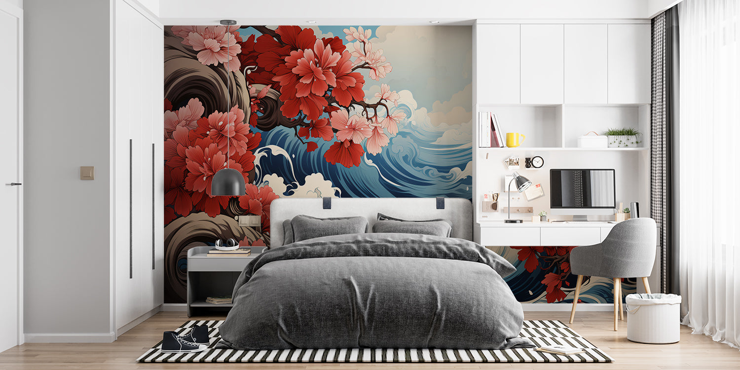 Ocean wave and cherry blossom mural bringing Japanese style to a bedroom wall