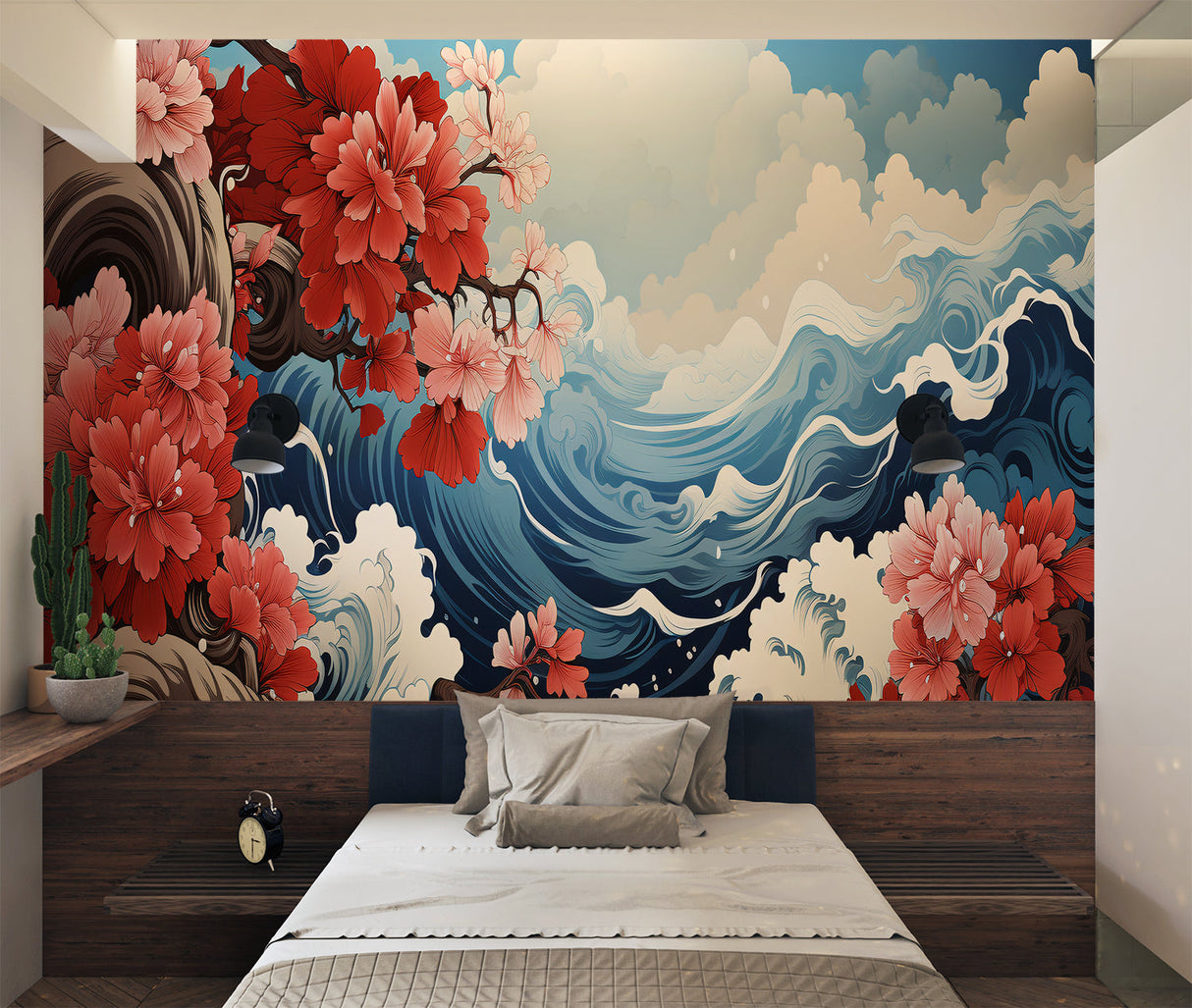 Japanese-inspired wallpaper with waves and blossoms in a dining room setting