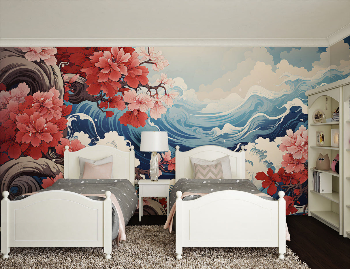 Cherry blossom and wave wallpaper making a statement in a home office