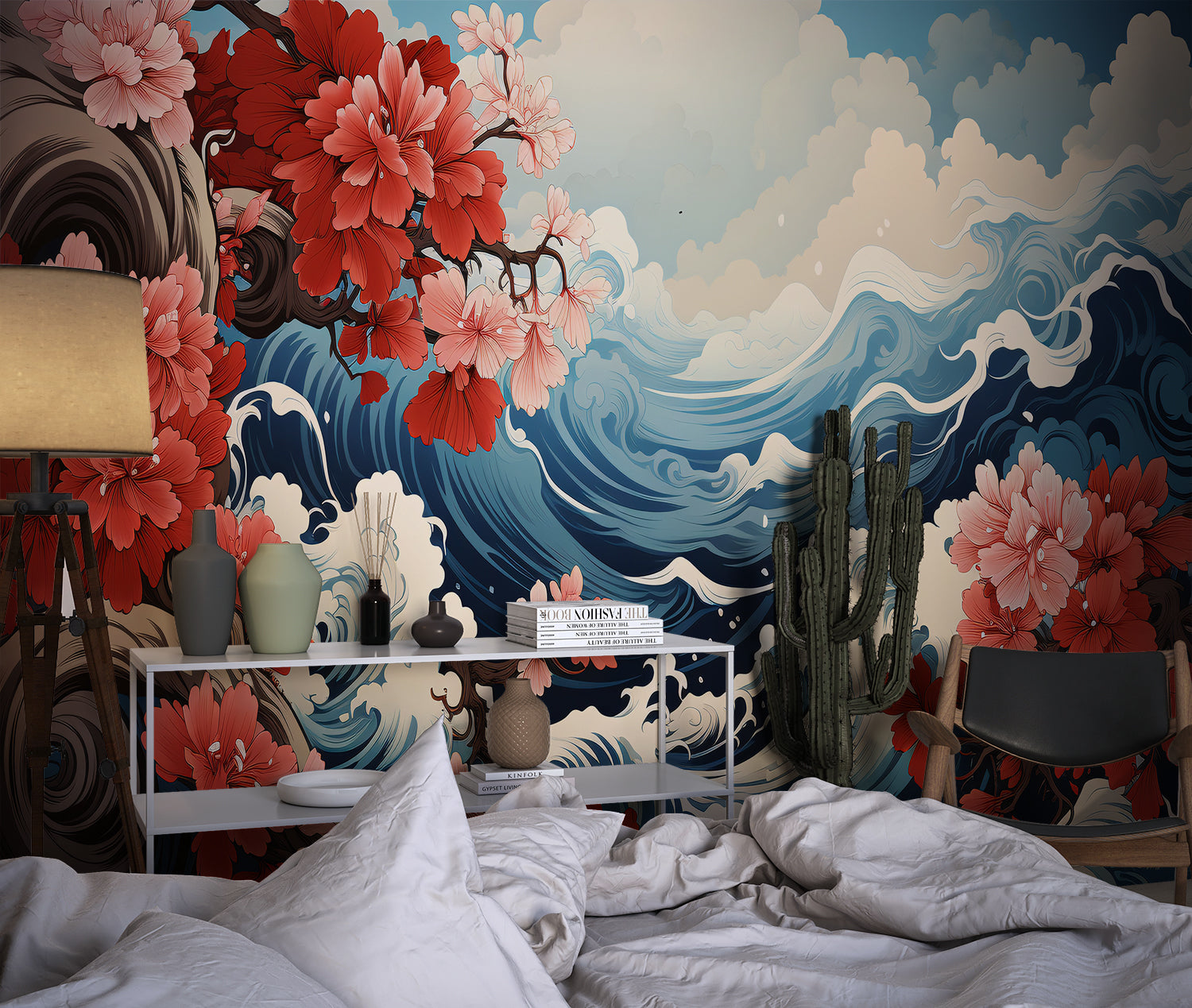 Japanese wave mural transforming an entryway with ocean and floral art