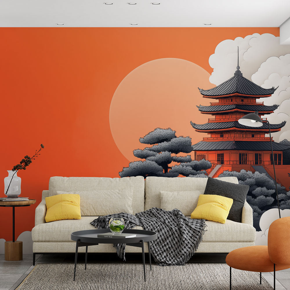 Japanese pagoda wallpaper creating a stunning focal point in a modern living room with minimalist furniture