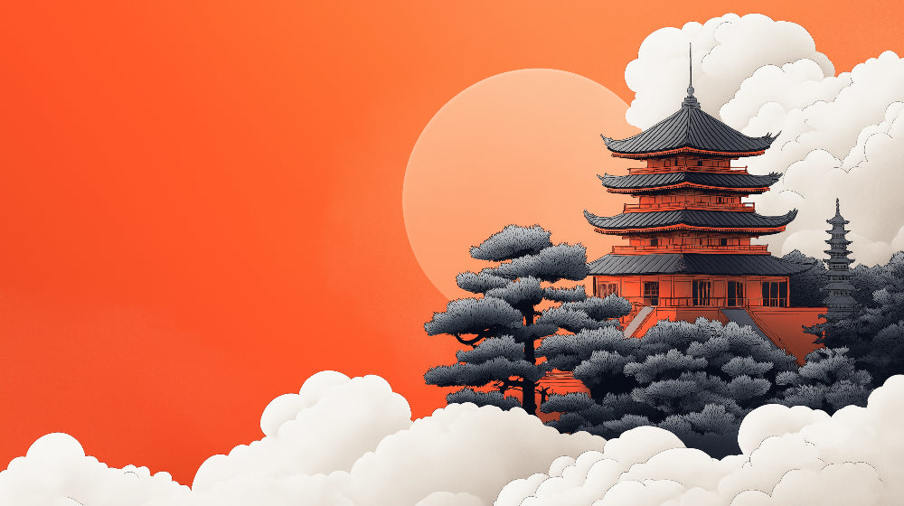 Japanese temple wallpaper design file showing detailed pagoda and pine trees against orange sunset sky