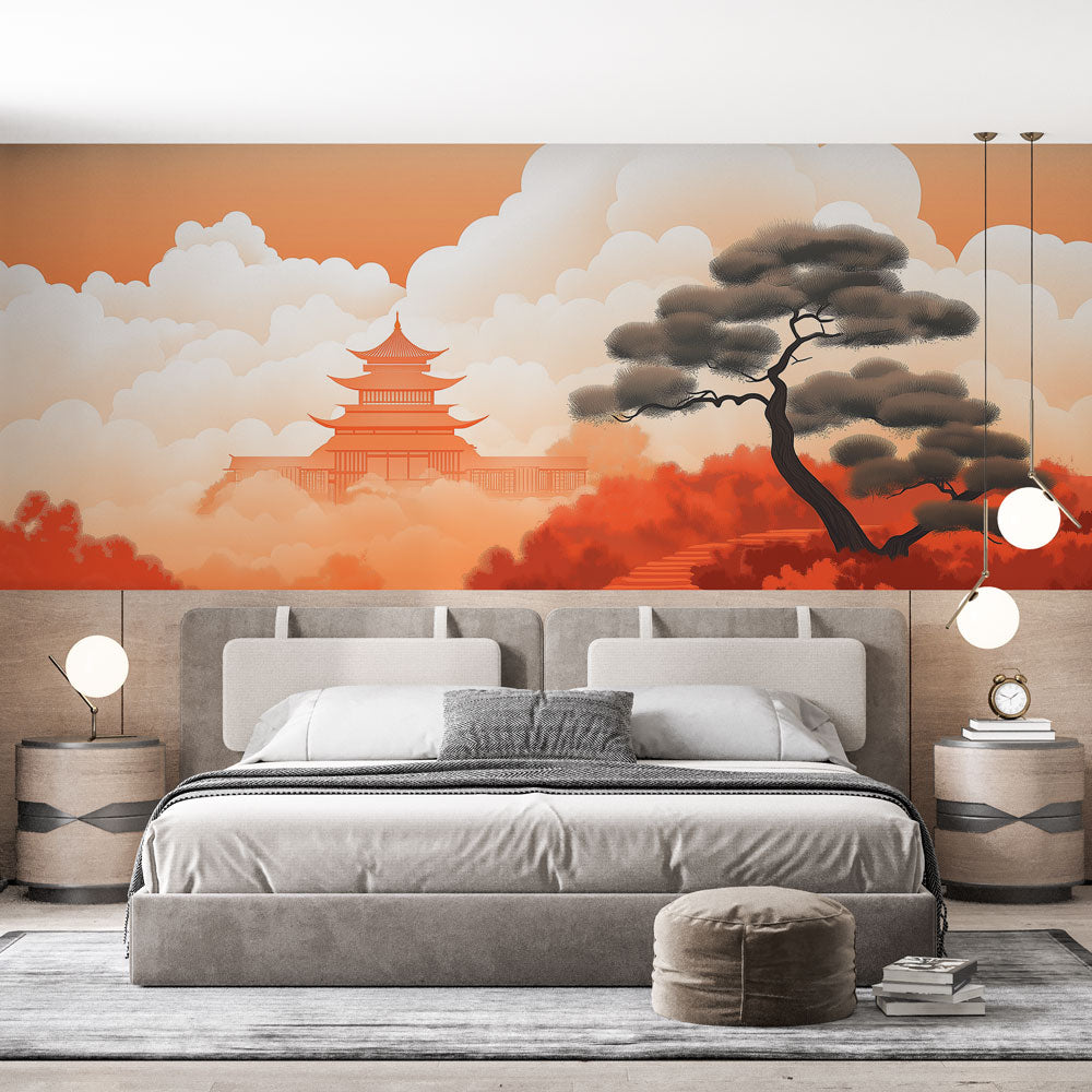 Japanese temple wallpaper creating a peaceful atmosphere in a modern living room with minimal furniture and warm lighting