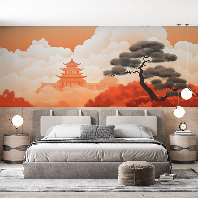 Japanese temple wallpaper creating a peaceful atmosphere in a modern living room with minimal furniture and warm lighting