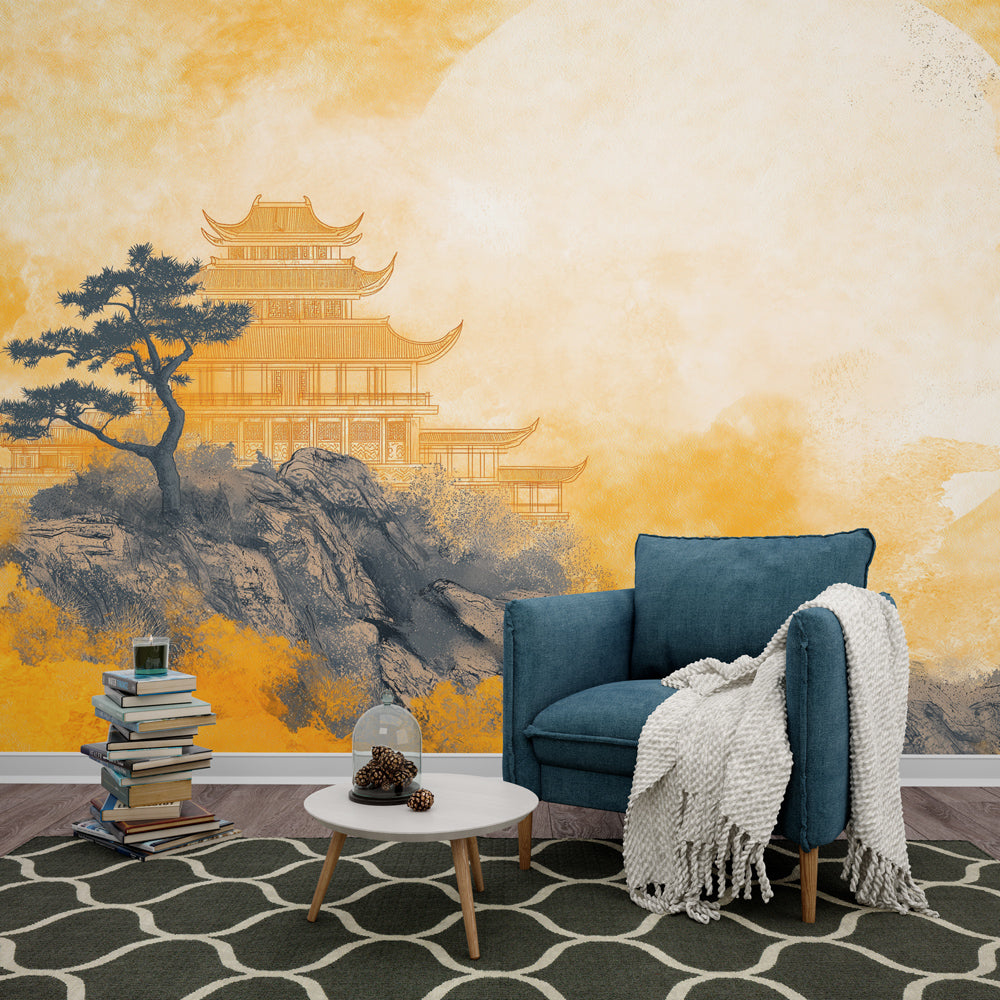Japanese temple wallpaper in modern living room, golden sunset pagoda mural creating warm, peaceful atmosphere