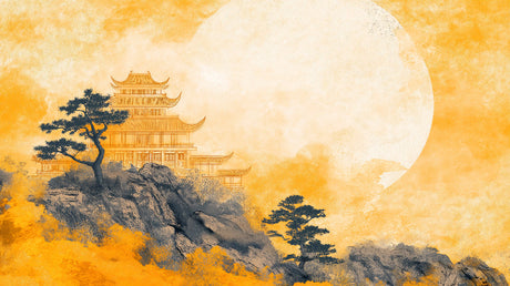 Japanese mountain temple design file showing detailed pagoda silhouette against golden sunset sky