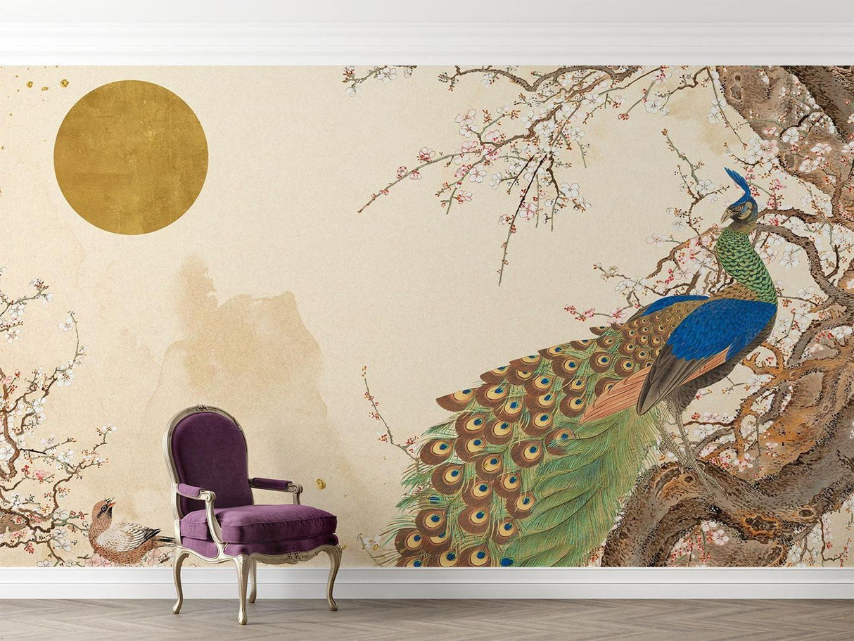 Japanese garden wallpaper with peacock in modern living room setting, soft natural lighting highlights the golden details