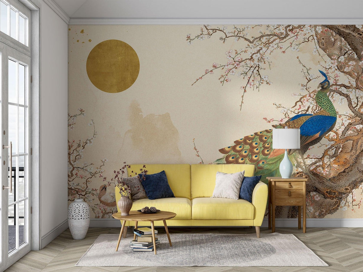 Dining room showcase of oriental peacock wallpaper, golden sun effect adding warmth to the space