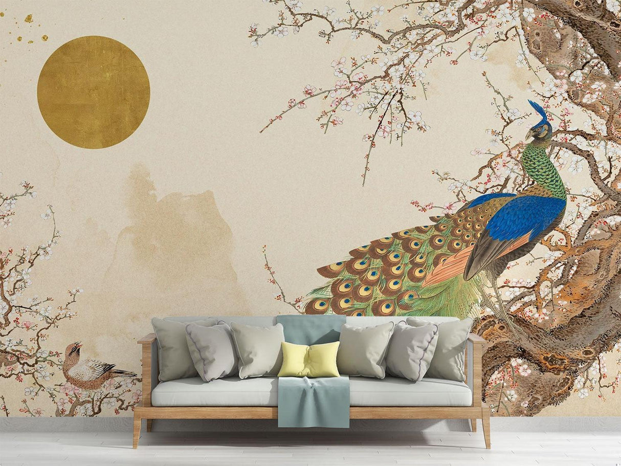 Japanese cherry blossom mural in home office setting, peaceful garden scene inspiring creativity