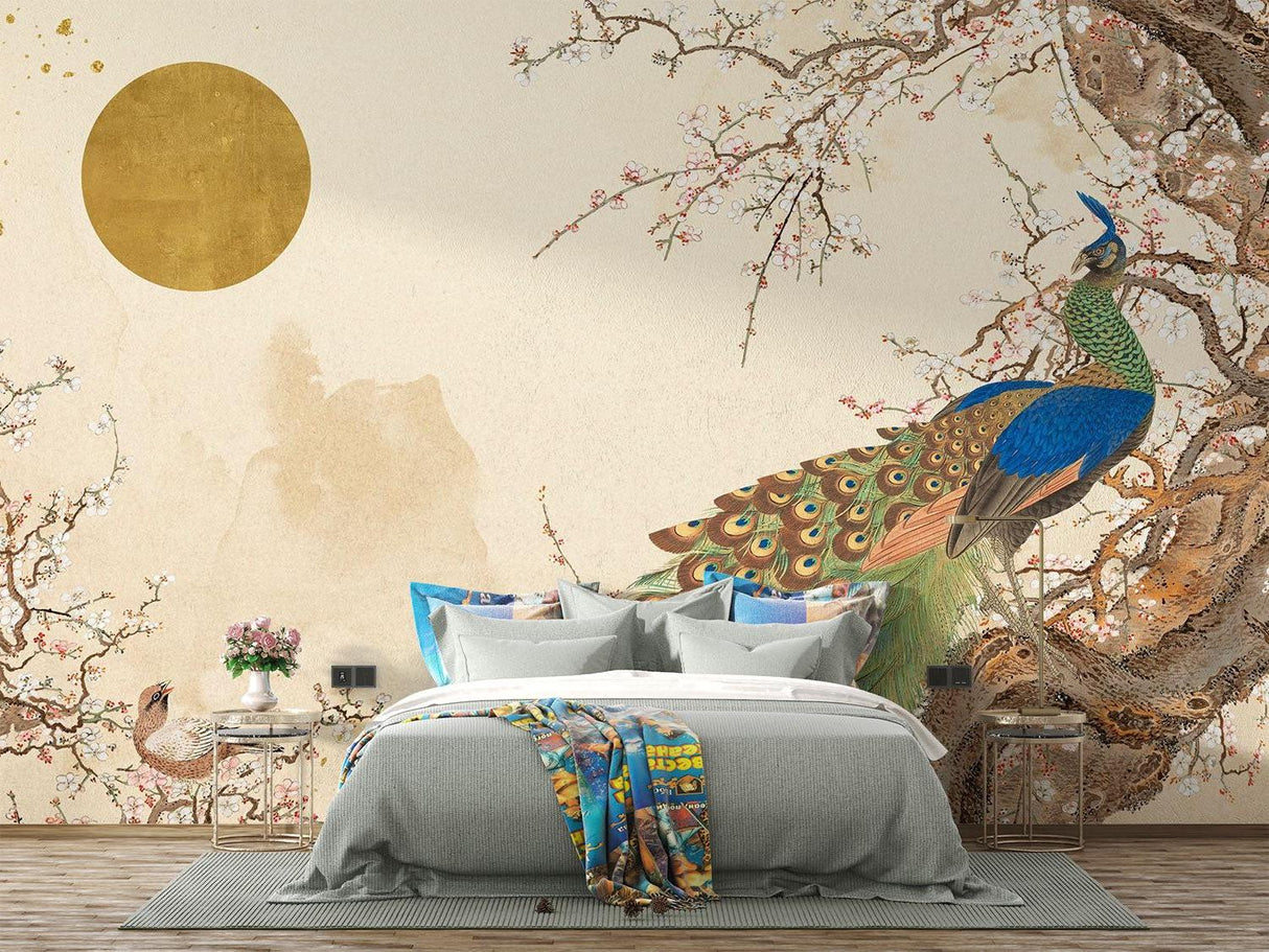 Meditation room with Japanese garden wallpaper, showing scale and impact of the peacock design