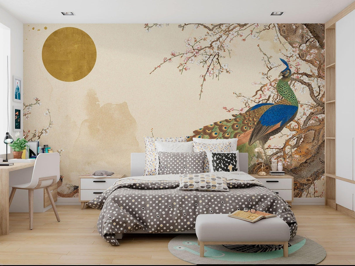 Entrance hall decorated with oriental peacock and cherry blossom wallpaper, creating welcoming atmosphere