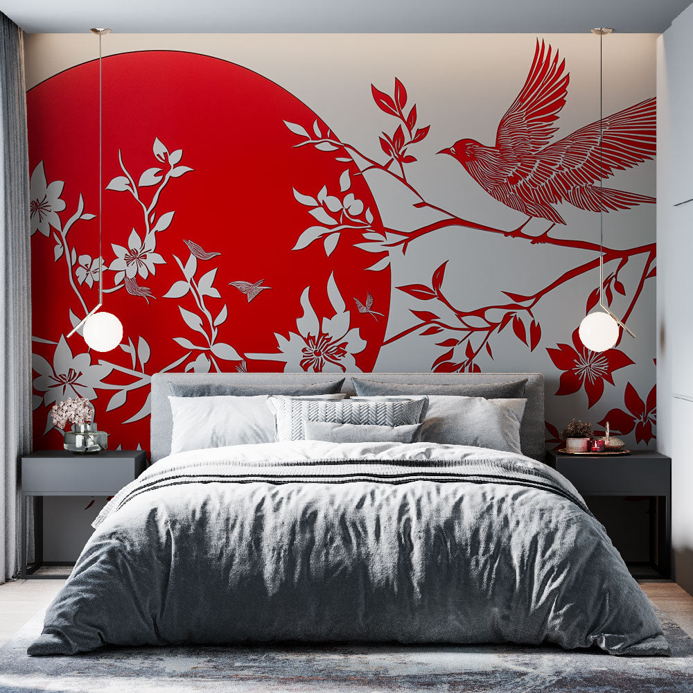 Japanese bird and cherry blossom wallpaper creating a stunning focal point in a modern minimalist living room