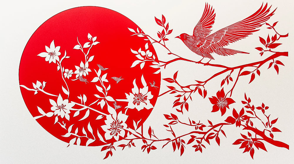 Japanese cherry blossom and red bird design file showing intricate pattern details