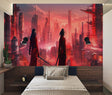 Japanese cyberpunk wallpaper creating drama in a modern gaming room with red accent lighting