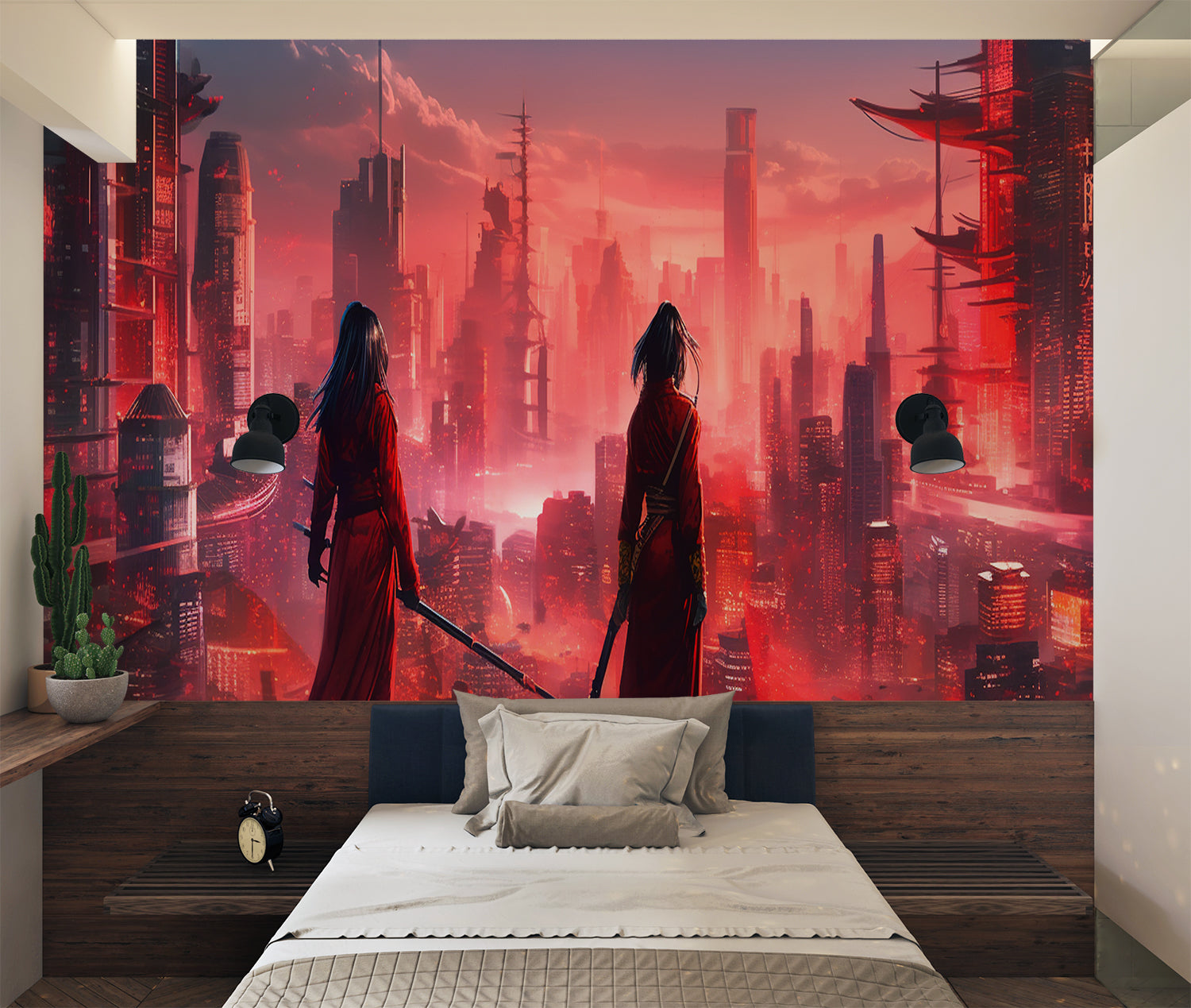 Japanese cyberpunk wallpaper creating drama in a modern gaming room with red accent lighting